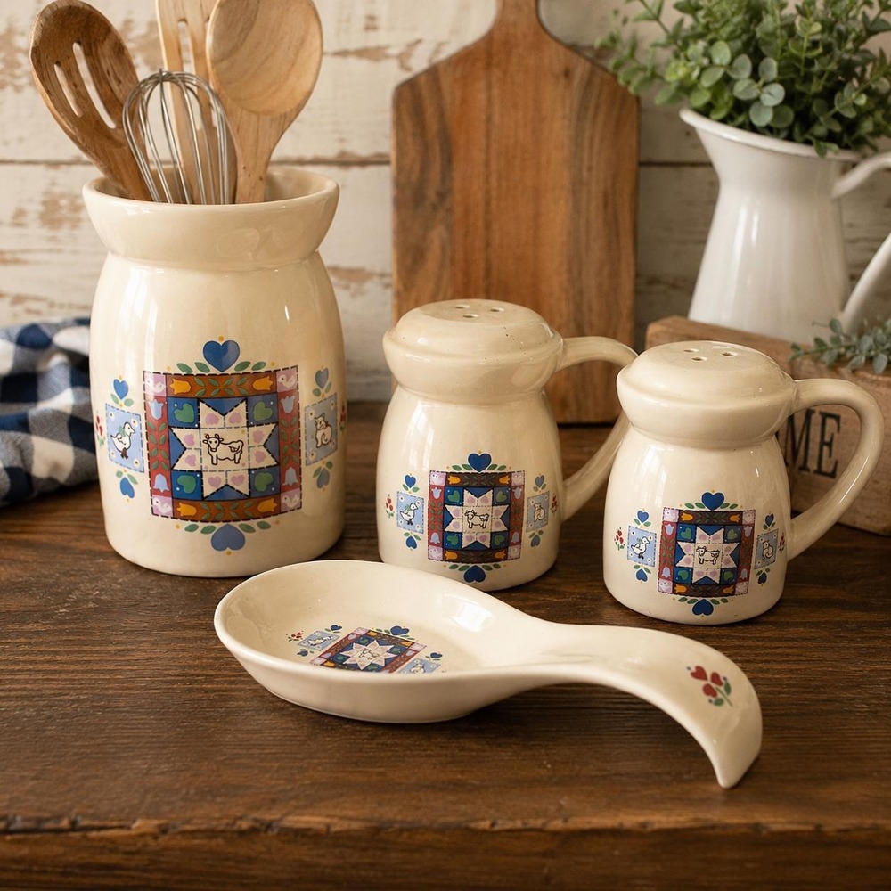 VTG Country Quilt Kitchen Canister Salt Pepper Spoon Rest Set LOFISA Mexico